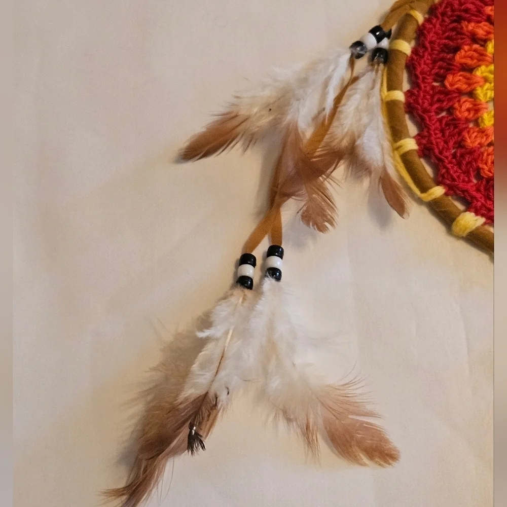 Hand Crafted crochet dream catcher rainbow colors textile art handmade holiday